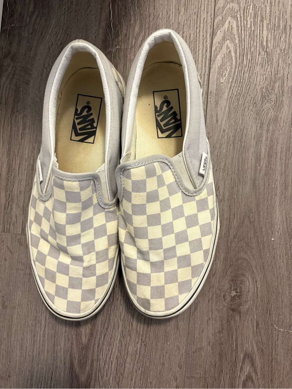 Vans women’s Slip-On Checkerboard Sneakers in Light Purple and Cream